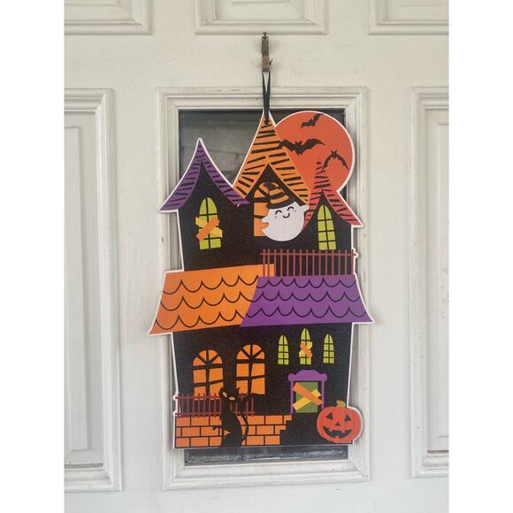 Haunted House Halloween Sign Front Door Hanger Home Decor, Ghost Black Cat - Picture 1 of 4
